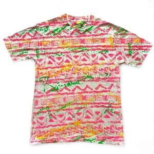 Vintage 1990s Teaze Colorful Tribal Paint-Splatter Tee - Pink Green Yellow